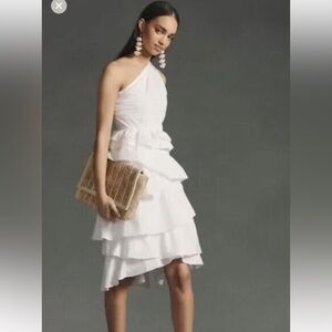 {ANTHRO} White One-Shoulder Ruffled Tiered